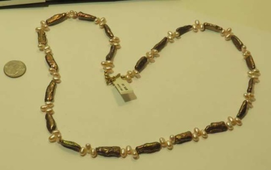 Pearl Bronze & pink Oblong  24” long necklace with Toggle catch