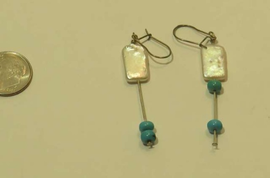 custom made pair of hoop earrings with rectangular freshwater pearls Turquoise beads