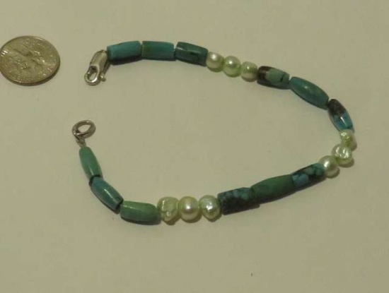 Turquoise, Green Pearls Greenish Tube Bracelet 7 ½”