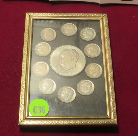 framed 1971 Ike dollar surrounded by 10 Roosevelt dimes 1967-1970