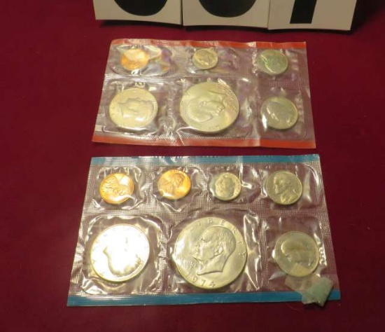 1974 US coin proof sets (1)red stripe  (1) blue stripe
