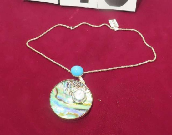 Sterling silver pendant round abalone with fresh water pearl round turquoise on foil with 18" ss cha