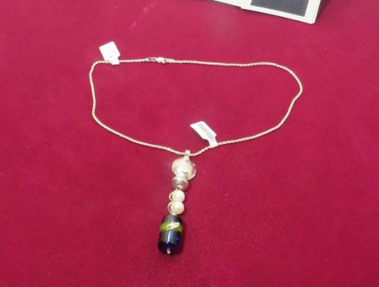 Dichroic glass with 2 fresh water pearls & 2 ss beads on 16" ss chain