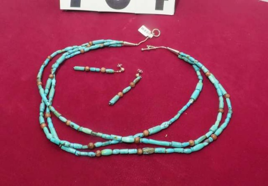 Sterling turquoise with jasper beads 22" necklace & earrings (2 pc set)