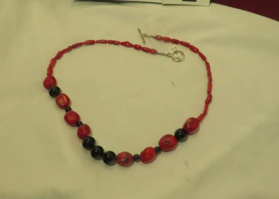 Enhanced red coral 21"necklace with toggle clasp & onyx beads