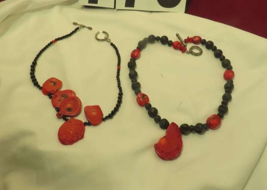 18" necklace - enhanced red coral w/ lava beads & 16" necklace w/enhanced red coral & onyx beads