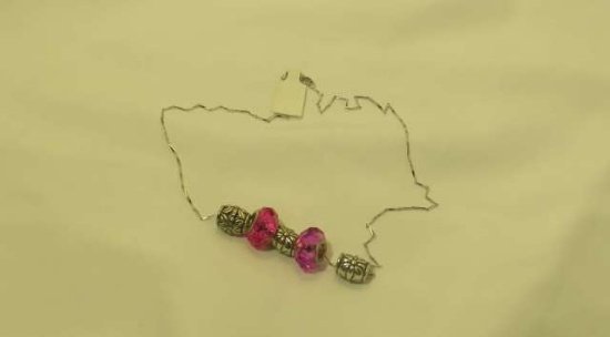 pink glass & silver tone beads on 16" chain