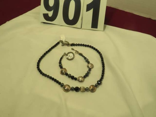 18" necklace - silver beads w/onyx & hematite and 8 1/2" matching bracelet w/toggle clasps - 2 pc se