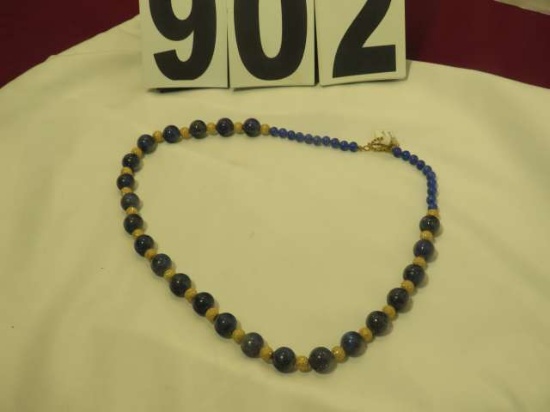 22" necklace w/blue & gold beads, gold filled toggle clasp