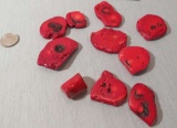group of 10 Coral, loose, drilled Red, dark Slab Various sizes