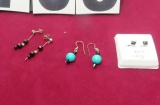 Sterling silver dangle shepherd hook turquoise & onyx earrings  & 2 onyx post earrings