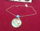 Sterling silver pendant round abalone with fresh water pearl round turquoise on foil with 18