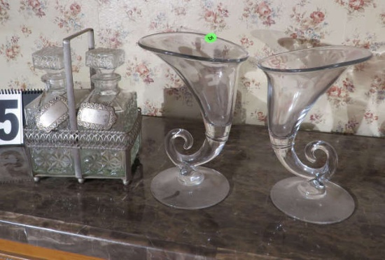 pair glass horn vases and pair crystal whiskey decanters in metal stand