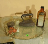 mirror tray with sat iron, vintage Hadical medicine bottle