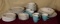 33 piece Shenango China Set teal cups, dishes are white with pink and teal pattern 