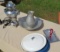 chrome coffee percolator, aluminum water pitcher, aluminum bowl, porcelain lids