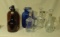 5 pieces of glass jars, decanter brown and blue glass