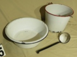 3 piece set enamel ware dipper, wash bowl, bucket