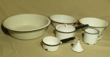 7 piece set of enamelware wash bowl, cook pans lid funnel , cup