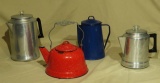 campfire porcelain coffee pot, porcelain tea pot, (2) aluminum coffee pots,