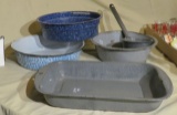 gray and blue  porcelain cookware