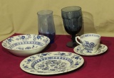 English Blue Nordic set of dishes with salad plate bowls setting for 6 glasses and goblets