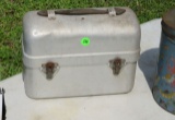 vintage aluminum lunch box and vintage cracker tin