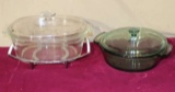 pair heat treated caserole dishes with lids and one rack