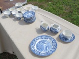 12 place setting blue and white Lochs of Scotland china set with sugar bowl and creamer