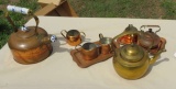 Brass and copper teapots, sugar and creamer