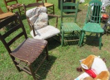 group of 4 chairs (2) ladder back (1) upholstered rocking chair, (1) early wood dining chair