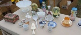 snow globes, figures, cups, milk glass