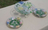 hand painted cake plate and 6 matching floral painted plates