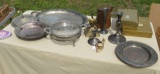 silver plate serving trays, candlesticks, copper tea pot