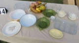 mixed glassware including fruit bowl, serving pieces, creamer and sugar
