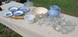serving bowls, pottery pitcher, sherbet glasses, rolling pin, tray