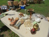 vases, pitcher and glass set, lidded corn serving bowl, brass vase, figures