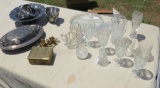 assorted cut and pressed glass pieces, silver plate serving ware cups and bowl