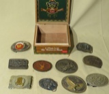 10  piece belt buckle collection in cigar box