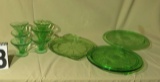 Vaseline glass assorted plates, platter, custard cups