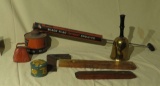 assorted collectibles sprayer, old tools, brass bell