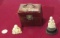 small oriental lacquered chest with 2 miniature carved ivory buddies box measures 2,75w x 1.75