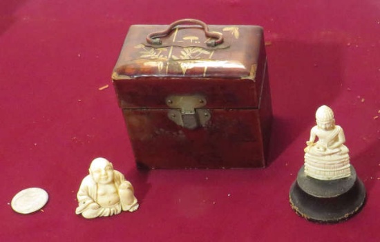 small oriental lacquered chest with 2 miniature carved ivory buddies box measures 2,75w x 1.75" d x