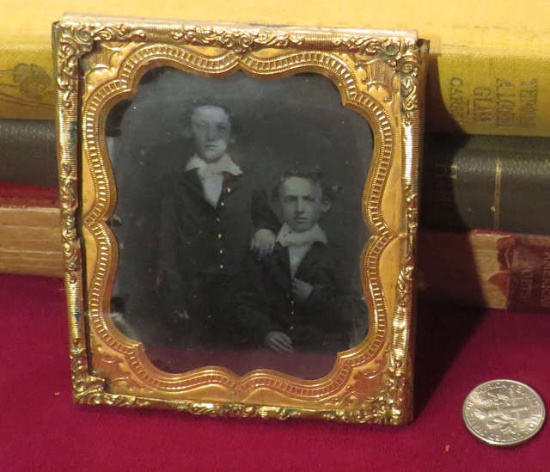 antique 3 x 3.5 gold filled photo frame with tin photo of two brothers