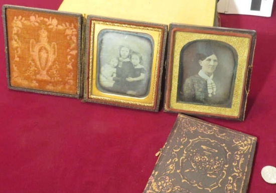 Antique leather bound compact photo frames with vintage tin photos