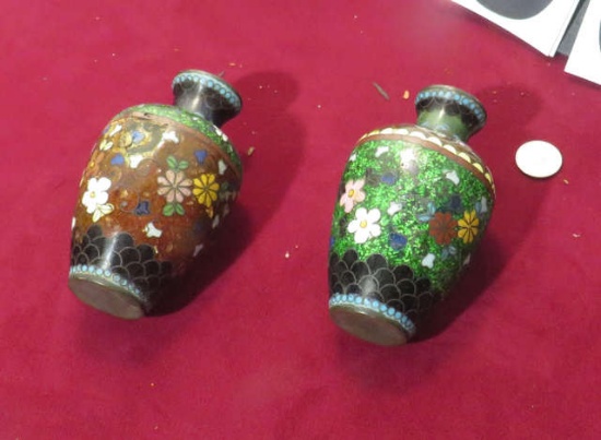 antique Cloisonné miniature vases 3" high x 2.25" diameter