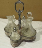 Cruet set with salt and pepper and silver caddy