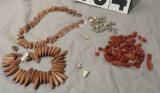 mixed beads (2) flat wood strings, bag of carnelian breads, bag of lead free pewter beads, pair ster