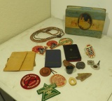 old candy gift box of 1940's Boy Scout  lanyard, camp memorabilia, bolo, rings, pocket books, ID car