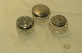 group of 3 vintage silver lidded cosmetic jars